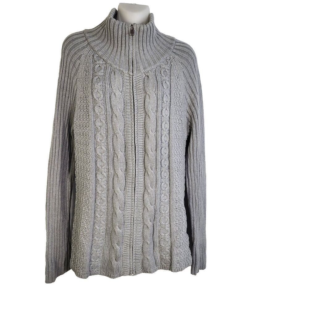 Coldwater Creek Womens Sweater Cardigan Medium 10-12 Gray Full Zip Cable Knit